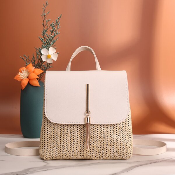 

Tassel Decor Straw Flap Backpack, Beige