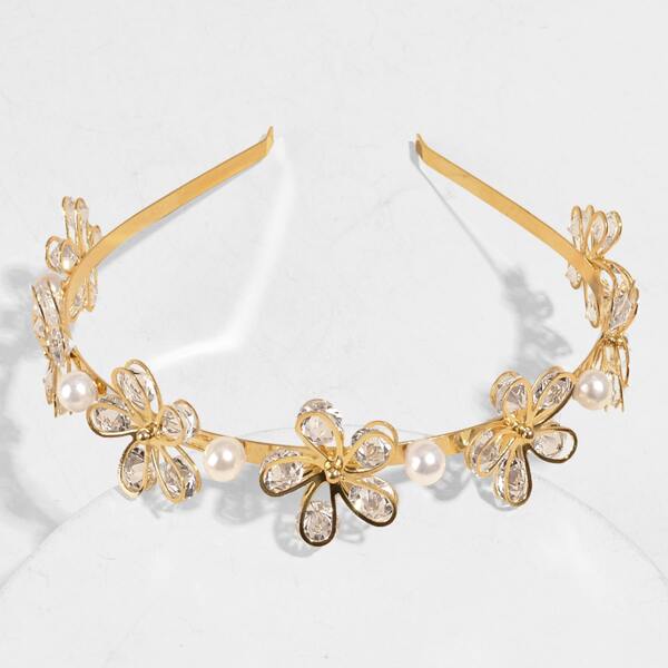 

Faux Pearl & Rhinestone Flower Decor Headband, Gold