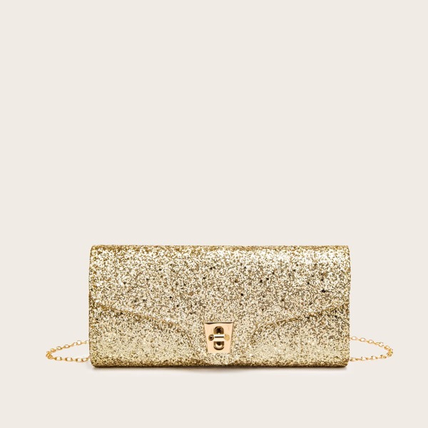 

Allover Glitter Turn-lock Chain Bag, Gold