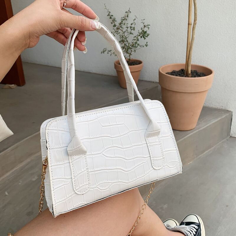 

Croc Embossed Satchel Bag, White