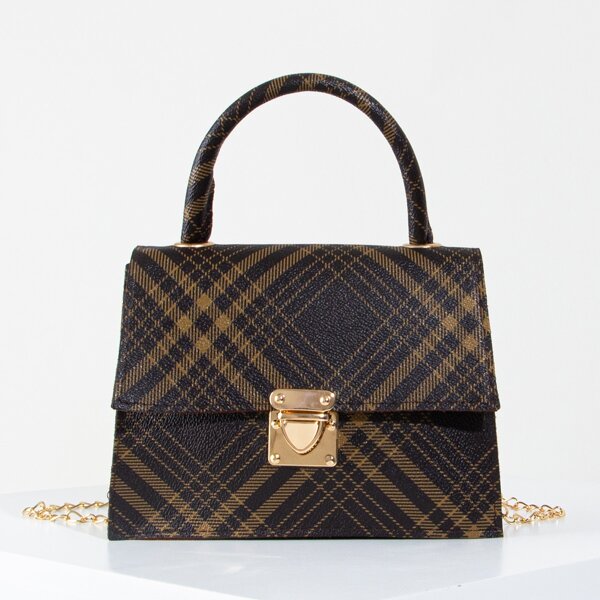

Plaid Pattern Chain Satchel Bag, Coffee brown