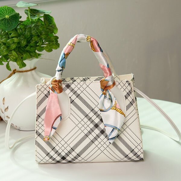 

Plaid Pattern Scarf Decor Satchel Bag, White