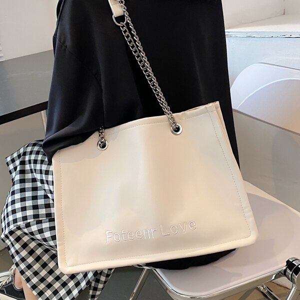 

Letter Embroidery Tote Bag, White