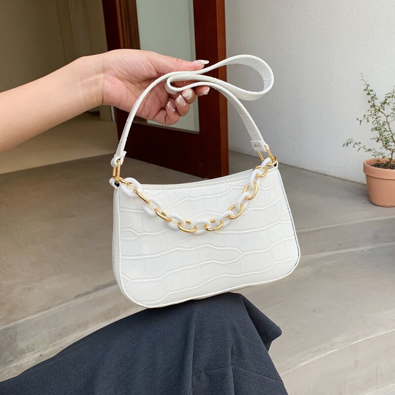 

Chain Decor Croc Embossed Shoulder Bag, White