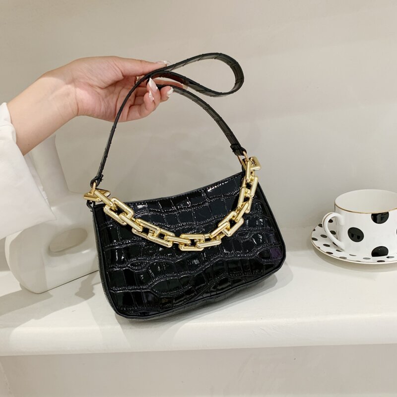 

Chain Decor Croc Embossed Shoulder Bag, Black