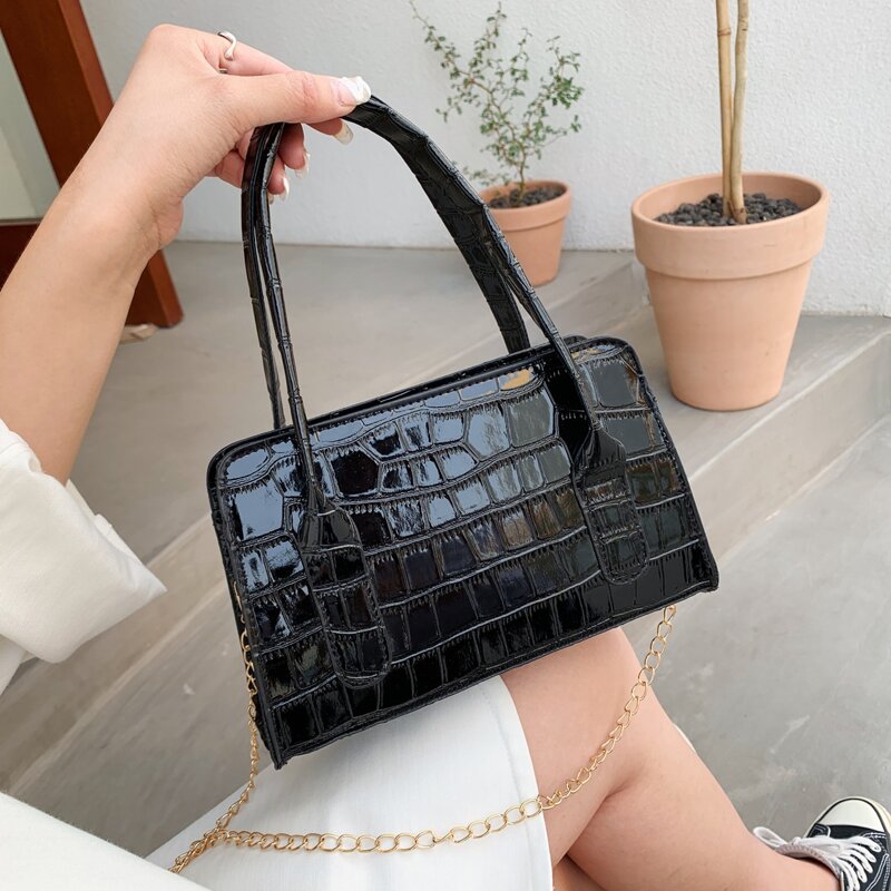

Croc Embossed Satchel Bag, Black
