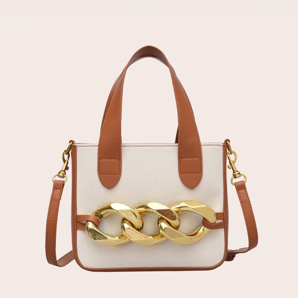 

Chain Decor Satchel Bag, Beige
