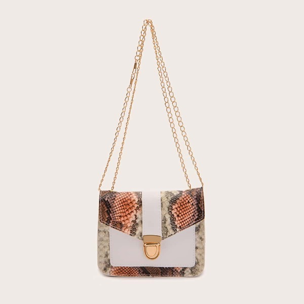 

Snakeskin Push Lock Shoulder Bag, Multicolor
