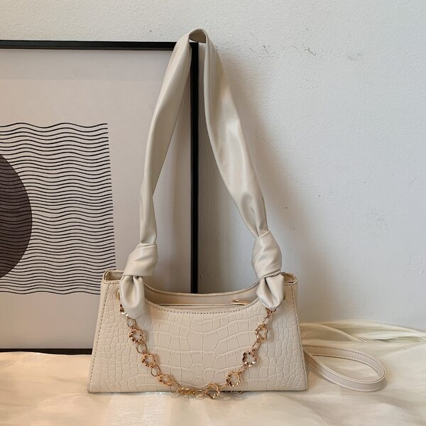 

Chain Decor Croc Embossed Baguette Bag, Beige