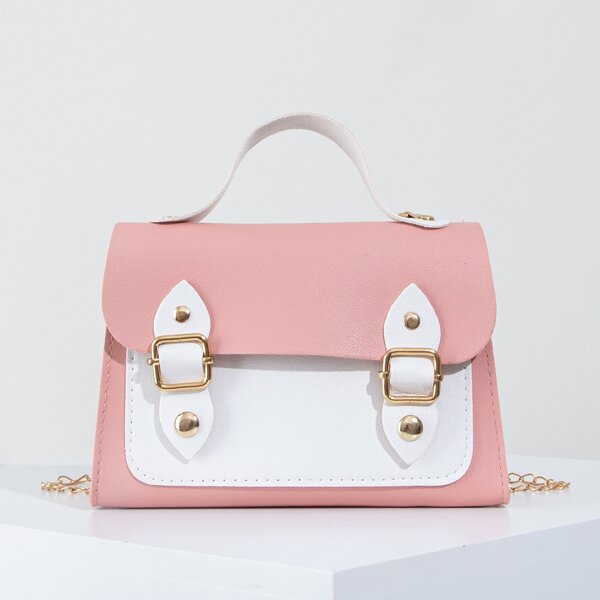 

Color Block Flap Chain Bag, Pink
