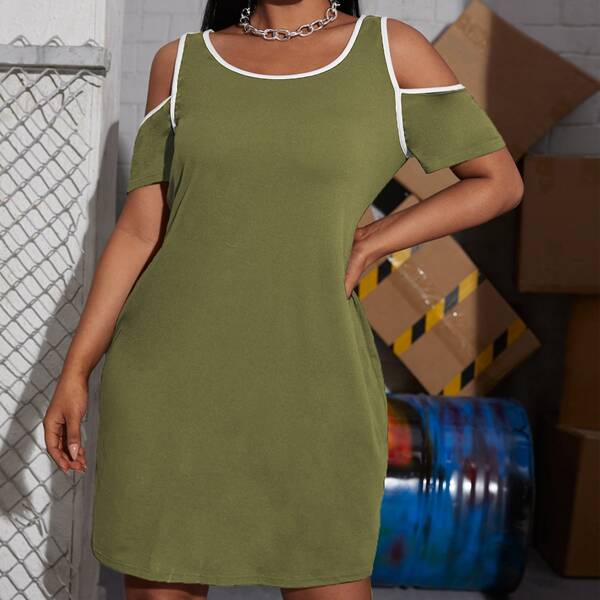 

Plus Cold Shoulder Contrast Binding Tee Dress, Olive green