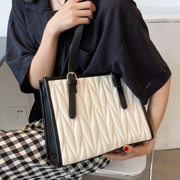 

Quilted Two Tone Tote Bag, Black and white