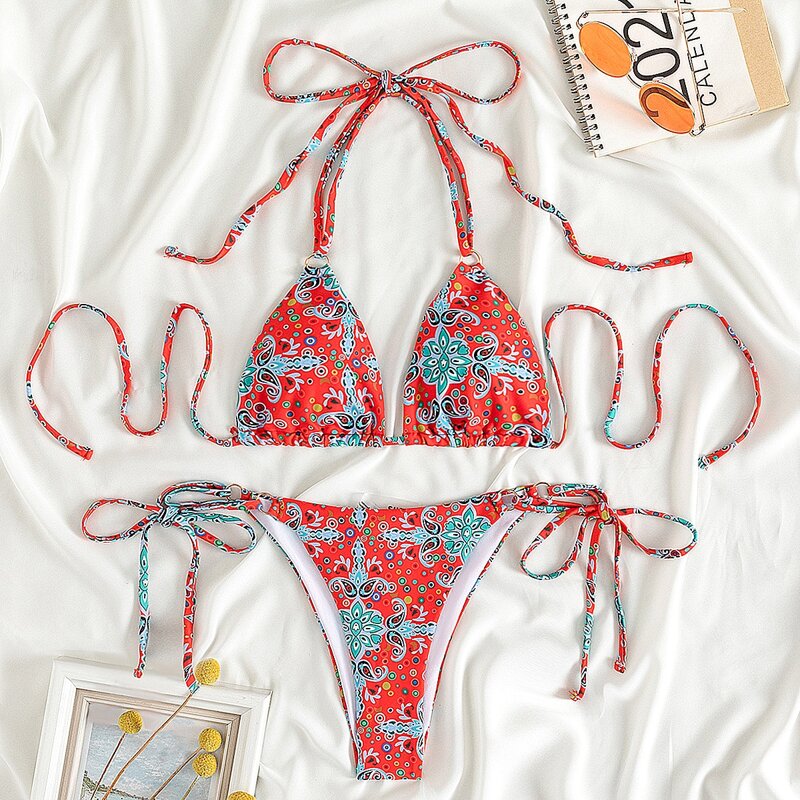 

Floral Halter Triangle Bikini Swimsuit, Multicolor