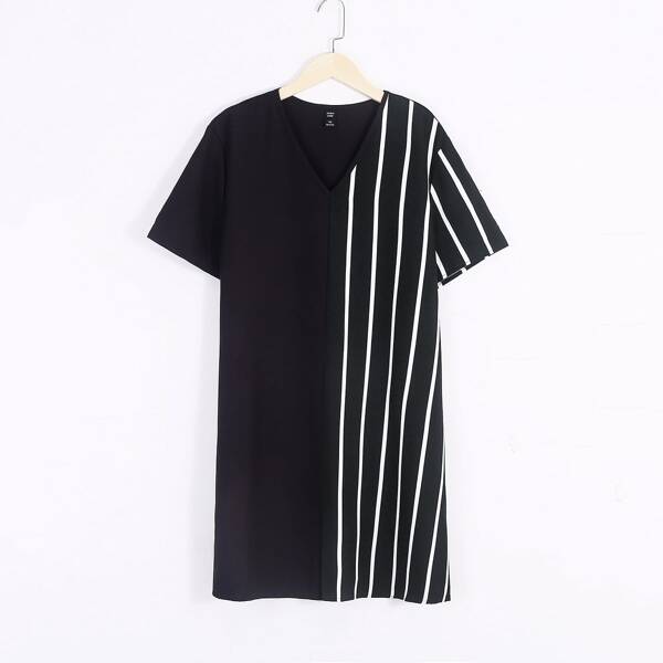 

Plus Striped Spliced Tee Dress, Black