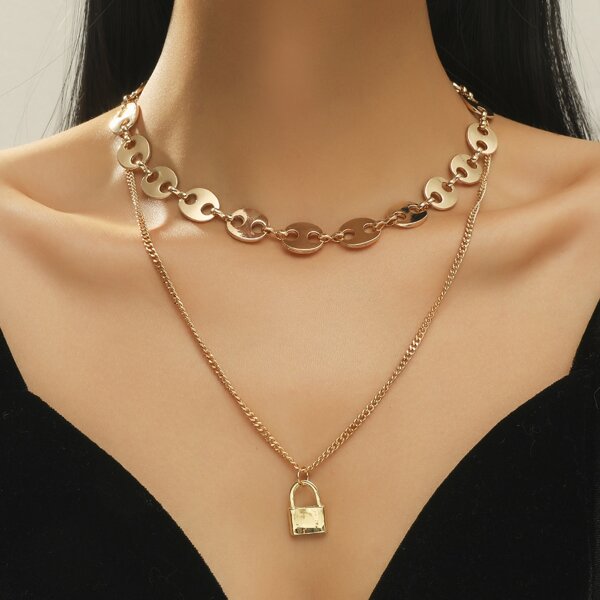 

Lock Charm Layered Necklace, Gold