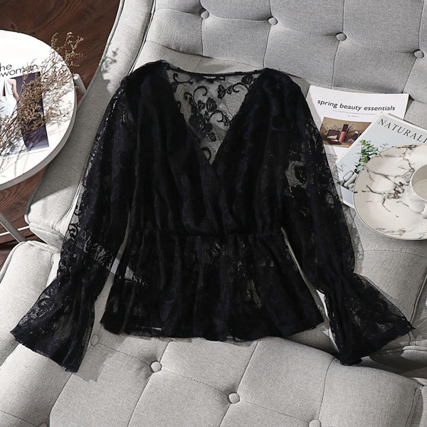 

Plus Sheer Lace Peplum Top, Black