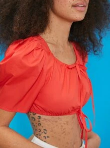 SHEIN 泡泡袖繫帶短版上衣 - 紅色 - 查看 3