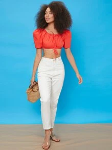 SHEIN 泡泡袖繫帶短版上衣 - 紅色 - 查看 6