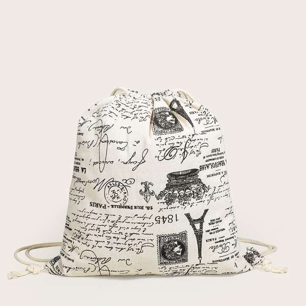 

Letter Graphic Drawstring Backpack, White