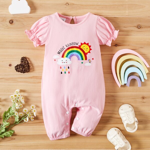 

Baby Girl Cartoon Graphic Puff Sleeve Jumpsuit, Baby pink