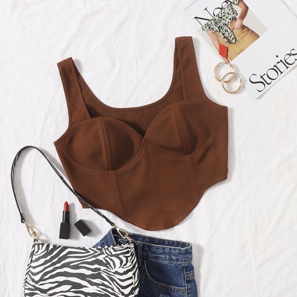 

Asymmetrical Hem Tank Crop Top, Coffee brown