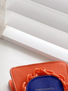 字母壓花雙色手提包 - 橘色 - 查看 5