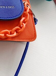 字母壓花雙色手提包 - 橘色 - 查看 6