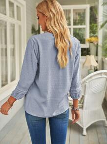 SHEIN LUNE Swiss Dot Contrast Lace Blouse - Baby Blue - View 2