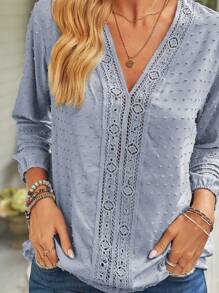 SHEIN LUNE Swiss Dot Contrast Lace Blouse - Baby Blue - View 5