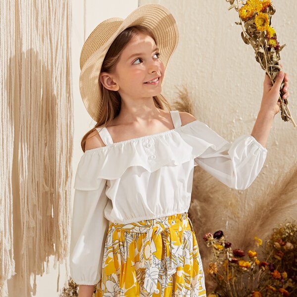 

Girls Ruffle Cold Shoulder Top With Tropical Belted Skirt, Multicolor