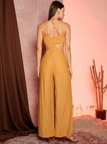 SHEIN X ELEPETRELLA Cutout Waist Solid Halter Jumpsuit - Mustard Yellow - View 2