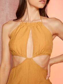 SHEIN X ELEPETRELLA Cutout Waist Solid Halter Jumpsuit - Mustard Yellow - View 4