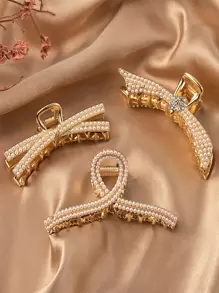 3 件仿珍珠装饰发夹优雅头饰情人节情人爪夹发夹发夹发钳发夹发夹 - 金色 - 查看 1