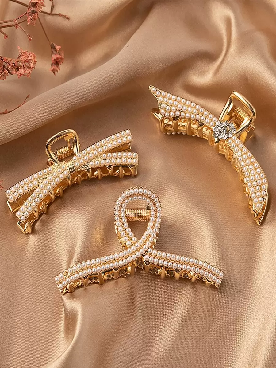 3 件仿珍珠装饰发夹优雅头饰情人节情人爪夹发夹发夹发钳发夹发夹 - 金色 - 查看 1