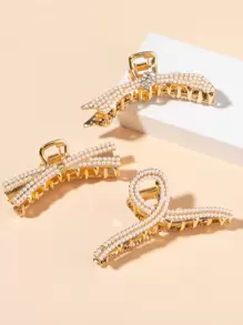 3 件仿珍珠装饰发夹优雅头饰情人节情人爪夹发夹发夹发钳发夹发夹 - 金色 - 查看 2