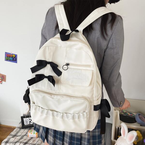 

Bow Decor Pocket Front Backpack, White