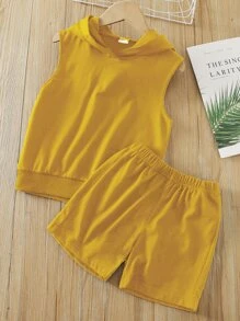 小男童素色連帽背心上衣帶短褲