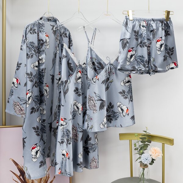 

4pcs Flower & Bird Print Belted Satin Night Set, Light grey