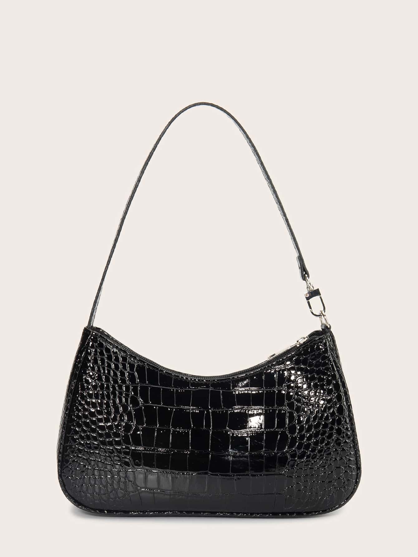 Women's Crocodile Embossed Fashion Everyday Shoulder Bag/Underarm Bag - Black - View 1