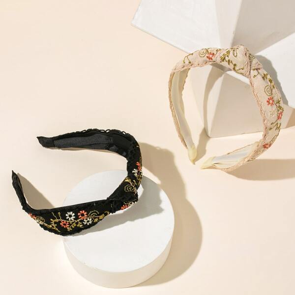 

2pcs Flower Embroidered Headband, Multicolor