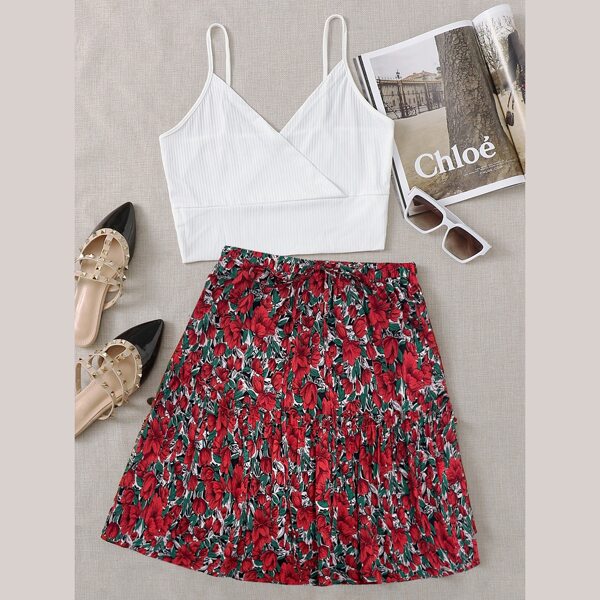 

Plus Surplice Front Cami Top With Floral Skirt, Multicolor