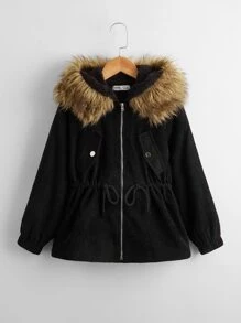 SHEIN Girls Drawstring Waist Zipper Up Hooded Cord Coat - Black - View 1