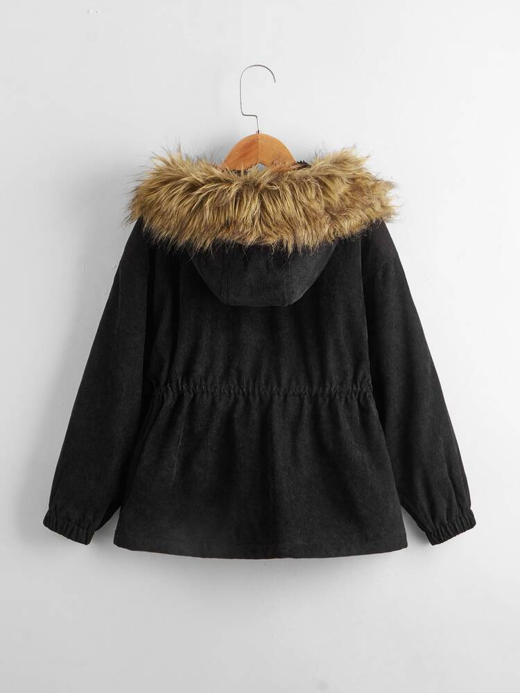 SHEIN Girls Drawstring Waist Zipper Up Hooded Cord Coat - Black - View 2