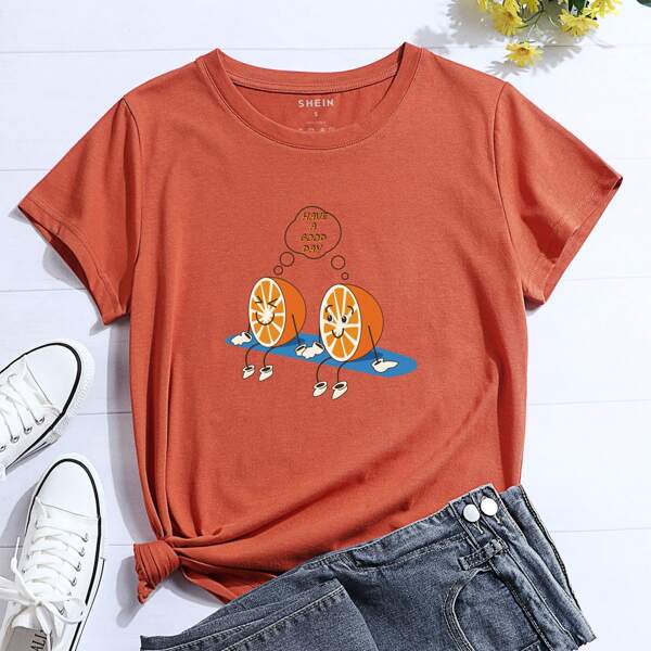 

Slogan & Cartoon Graphic Tee, Burnt orange
