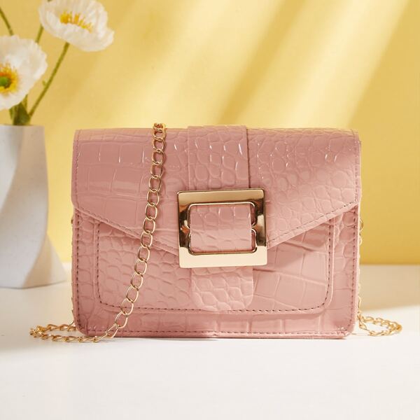

Croc Embossed Buckle Chain Crossbody Bag, Pink