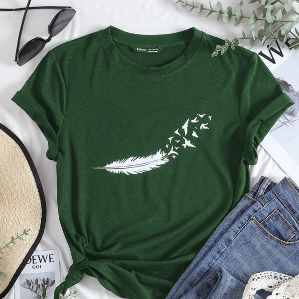 

Feather and Bird Print Top, Dark green