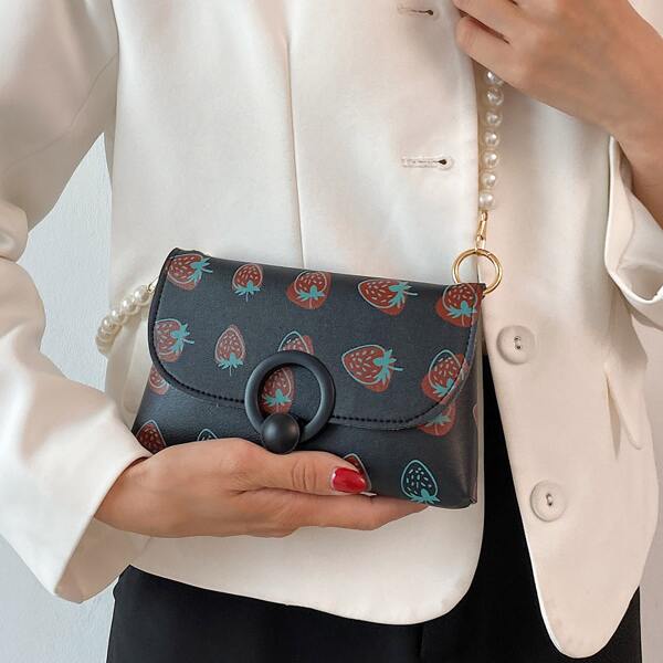 

Strawberry Graphic Flap Crossbody Bag, Black