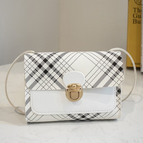 

Plaid Pattern Push Lock Crossbody Bag, White
