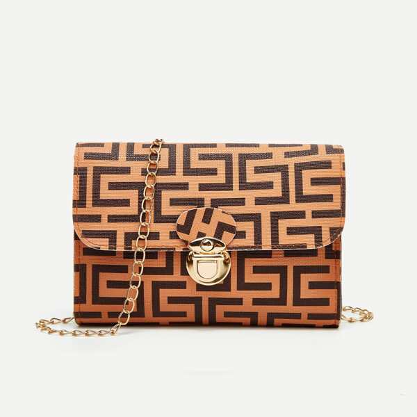 

Graphic Twist Lock Flap Chain Bag, Brown