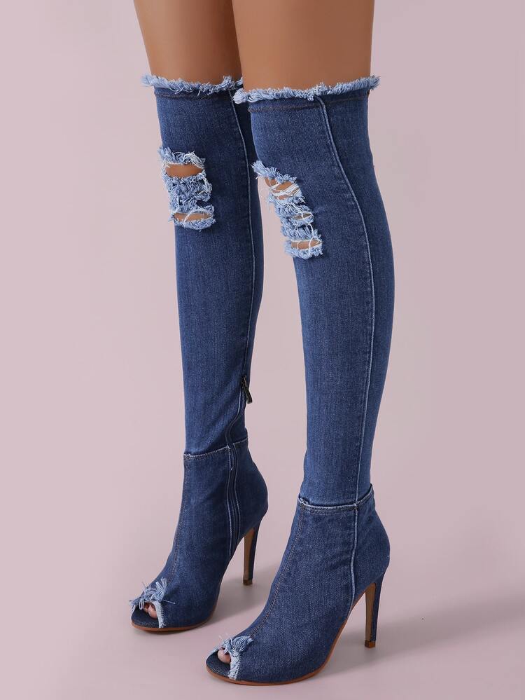 Botas con tacón delgado con diseño de mezclilla desgarro - Azul - Añade 2